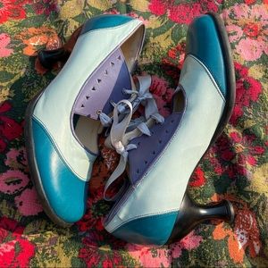 John Fluevog Three Tone Rounded Toe Satin Lace-Up Heel